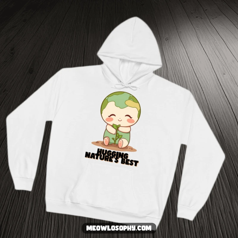 Cute Earth character sharing a gentle hug with a tiny seedling, featured on a warm hoodie, for cozy, caring wear.