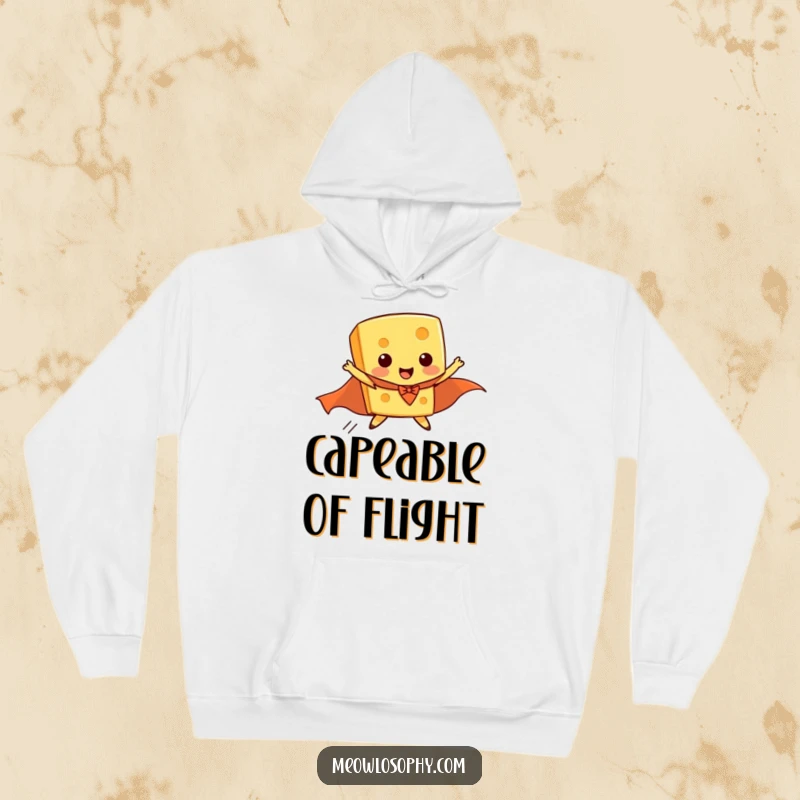 Funny hoodie design of a piece of cheese wearing a superhero cape, poised to fly with a determined expression.