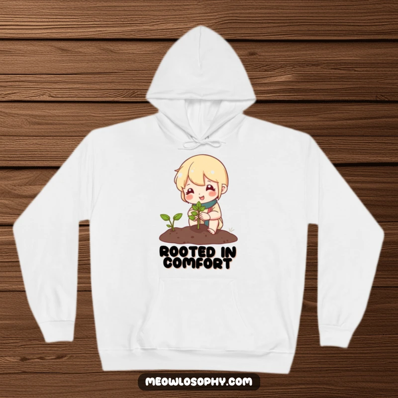 Funny hoodie featuring a cute character tending a small garden, smiling at a sprouting seed, embodying patience and the joy of growth.