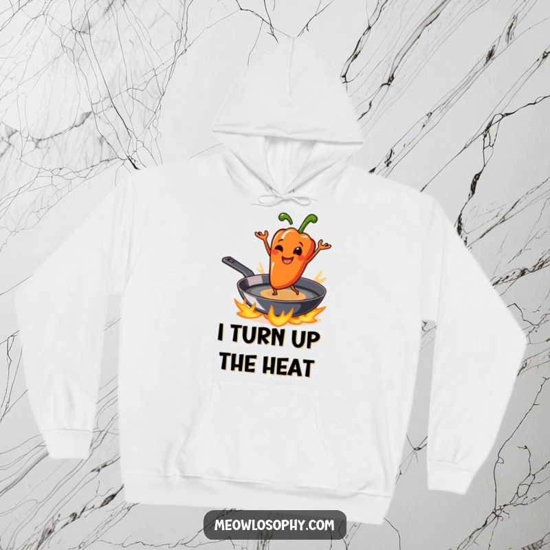 Funny grilled pepper character smiling and dancing on a sizzling skillet, featured on a cozy, humorous hoodie.