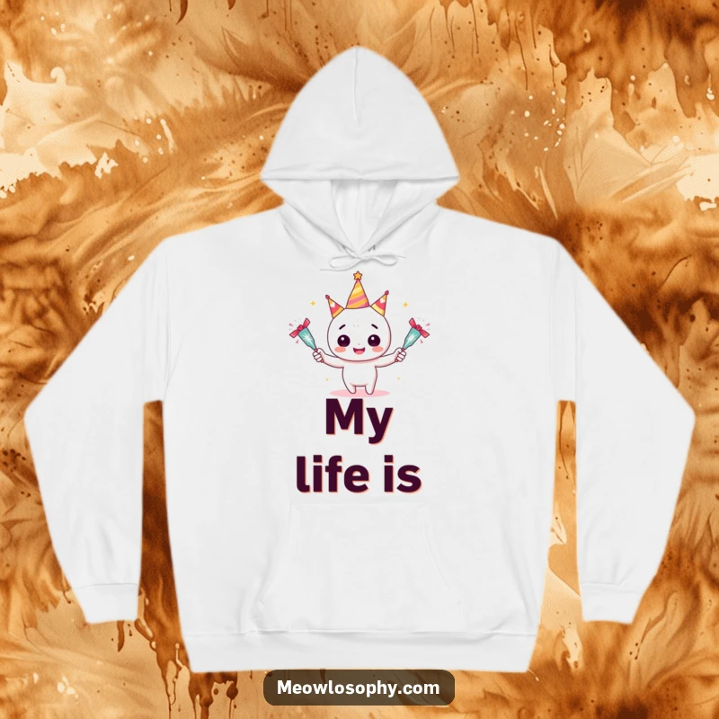 Funny Adorable Juggler Hoodie showing a character juggling sparkling party crackers. A warm, humorous, and festive piece.