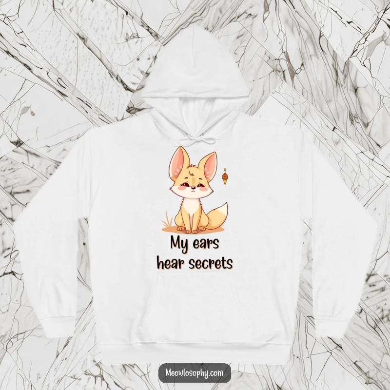 Funny Kawaii Fennec fox hoodie featuring a cute fennec fox with alert ears, listening to the soft melody of a desert wind chime.