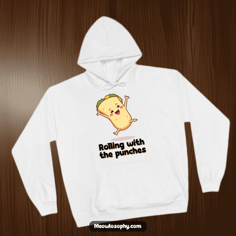 Funny Hoodie showcasing an anthropomorphic tortilla character doing a joyful cartwheel, perfect for cozy, active, and fun-loving wear.