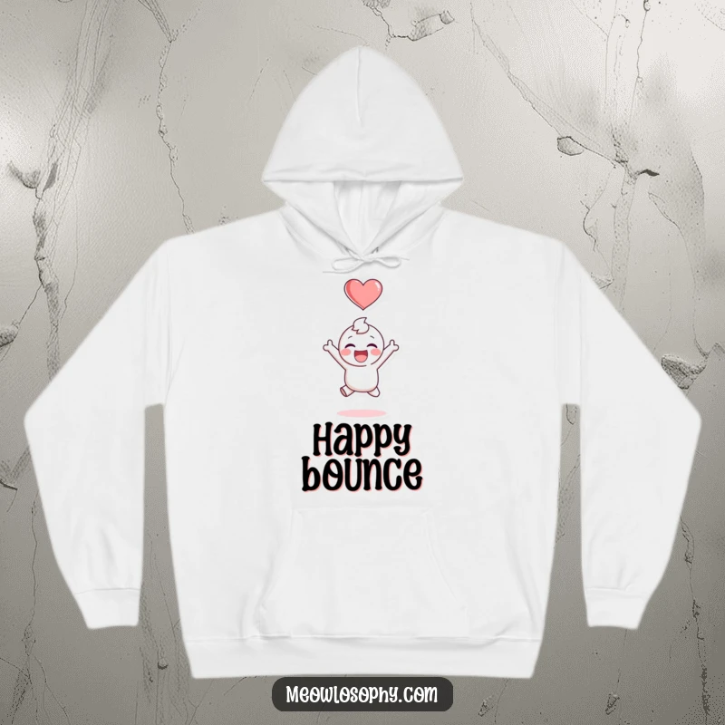 Funny hoodie featuring an adorable character jumping for joy with a heart icon above, radiating pure happiness and making a great funny gift.