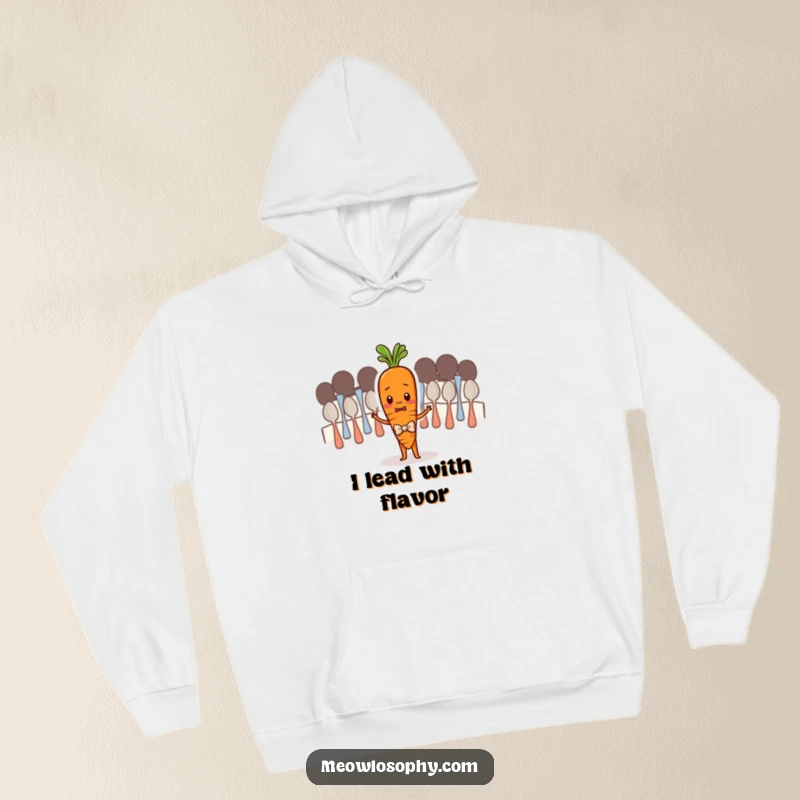 Funny hoodie depicting a shy carrot in a bowtie leading a spoon orchestra, showcasing a humorous and heartwarming scene of musical ambition.