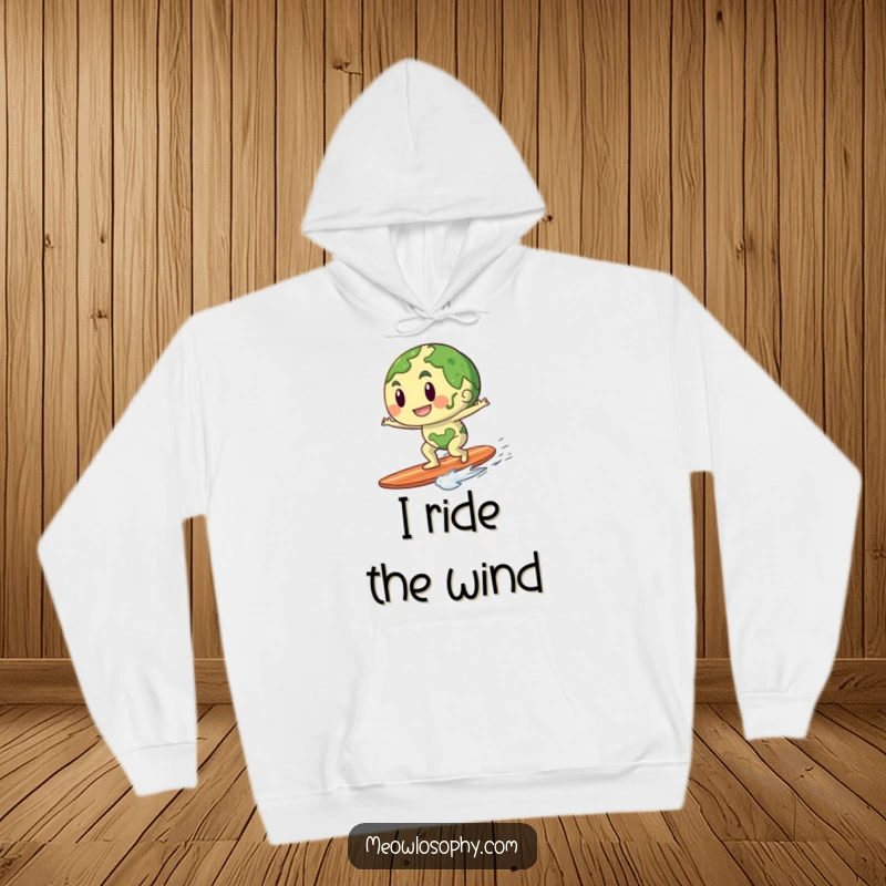 Funny hoodie with an anthropomorphic earth character surfing a gentle breeze, offering cozy comfort and adventurous vibes.