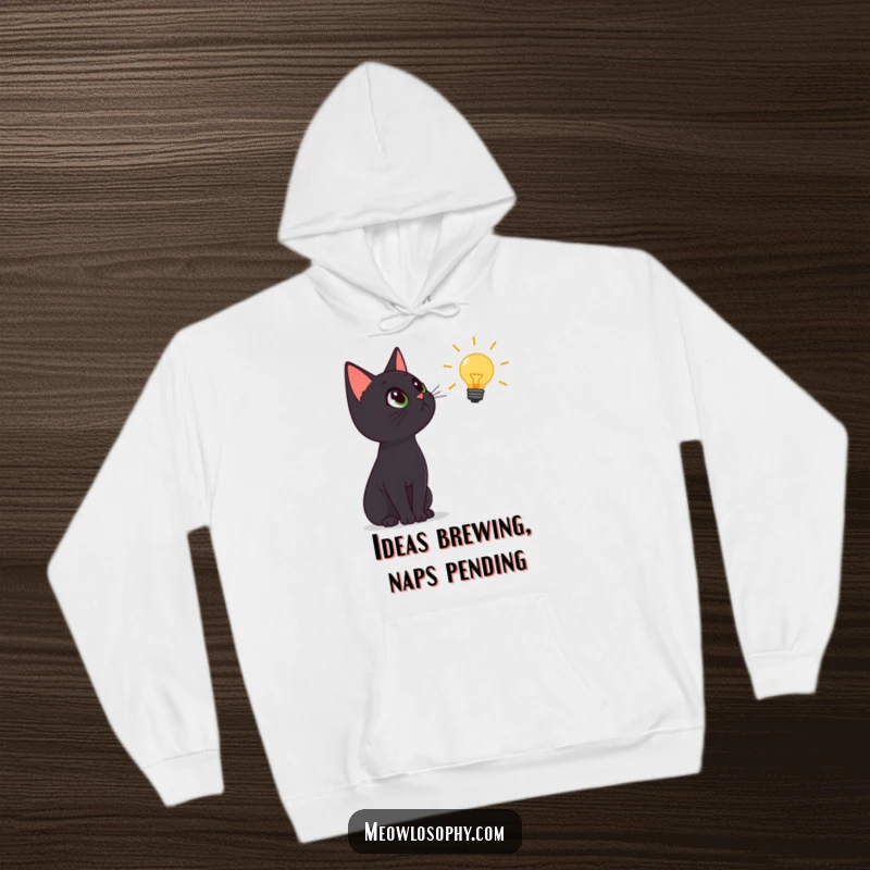 Funny black cat hoodie, cat looking up at a bright lightbulb, cozy and humorous apparel for cat lovers, unique gift.