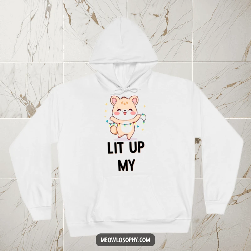 Funny Kawaii Animal Dancer Hoodie showing a cute character dancing with glowing fairy lights. A warm, humorous, and bright gift.