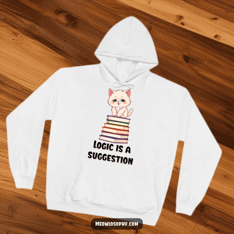 Funny fluffy kitten hoodie, showing a kitten balancing on philosophy books, combining coziness with intellectual humor.