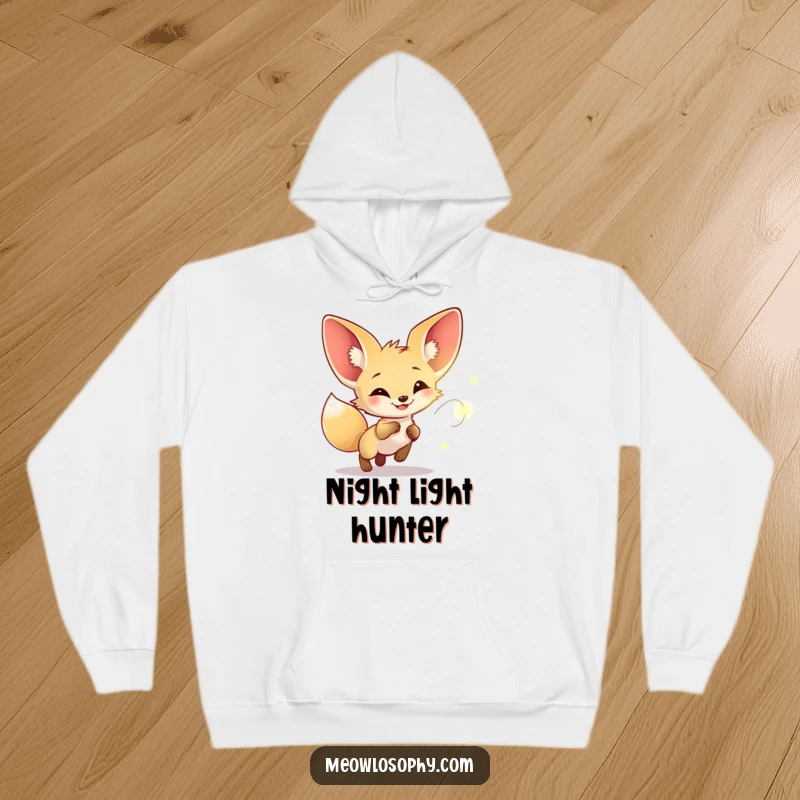 Funny hoodie depicting a fennec fox joyfully chasing a firefly, offering warmth and whimsical charm for nighttime adventures.