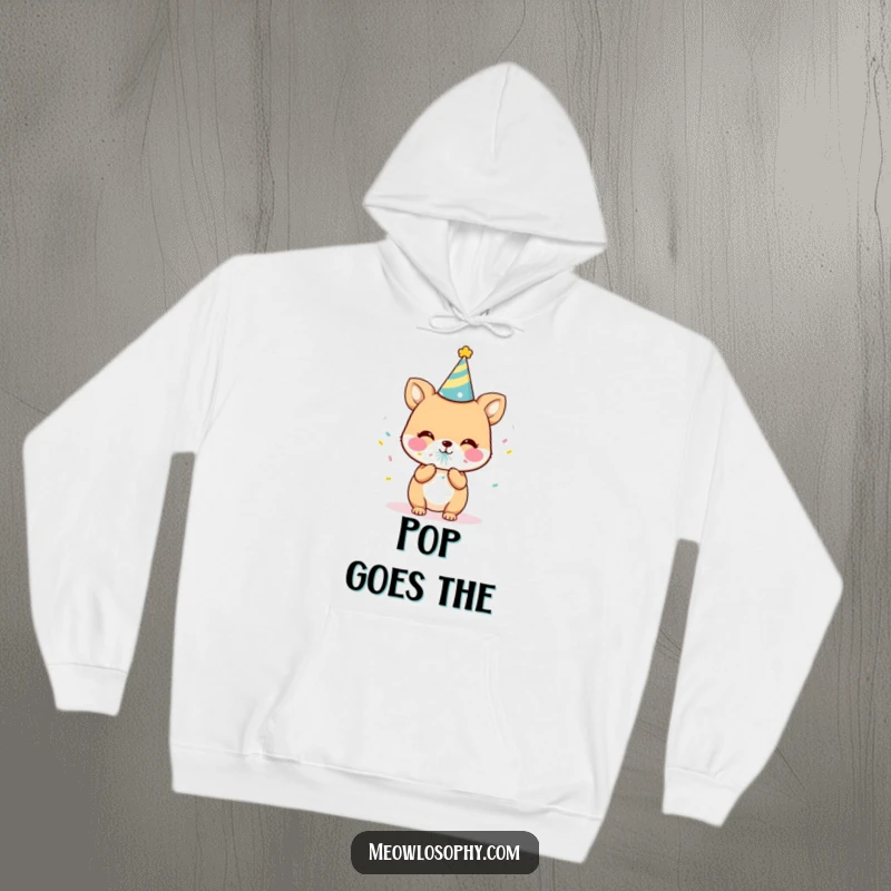 Funny Party Animal Hoodie showing a cute character in a party hat, launching confetti. A warm, humorous, and celebratory piece.