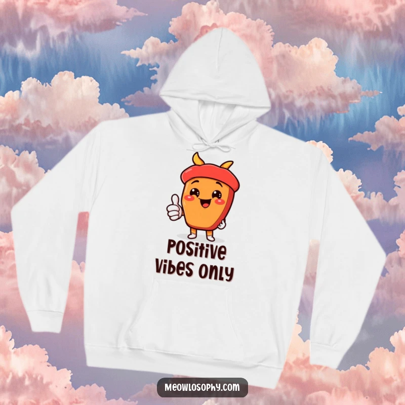 Funny kawaii fajita ingredient character giving a thumbs-up with a cheesy grin, featured on a cozy, humorous hoodie.