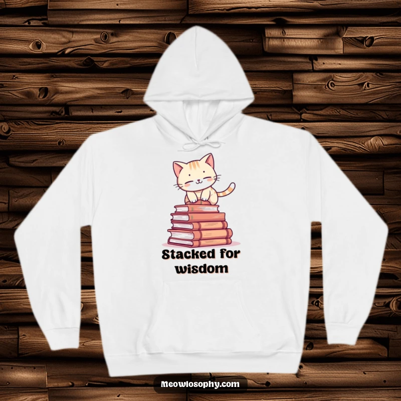 Funny cat hoodie with an adorable character attempting to balance on a stack of ancient books, comfortable and humorous loungewear.