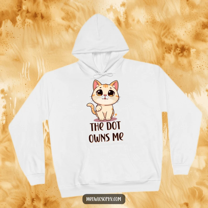 Funny cat hoodie with a wide-eyed character chasing a laser pointer dot in a circle, comfortable and humorous loungewear.