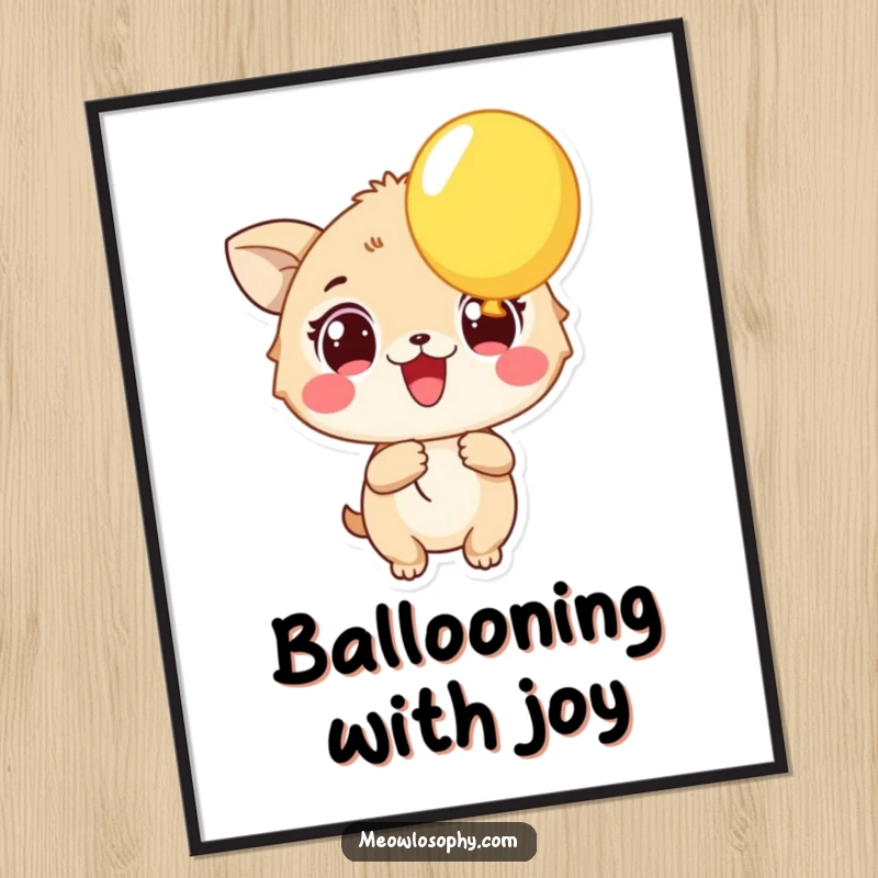 Funny free printable wall art of an animal with wide, excited eyes, holding a large, vividly colored balloon.