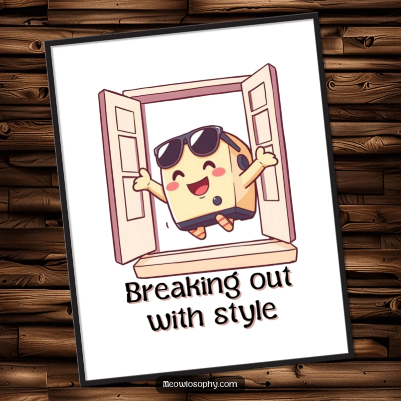 Funny Free Printable Wall Art: A smiling toaster wearing sunglasses dramatically jumps out of a window, celebrating freedom and adventure.