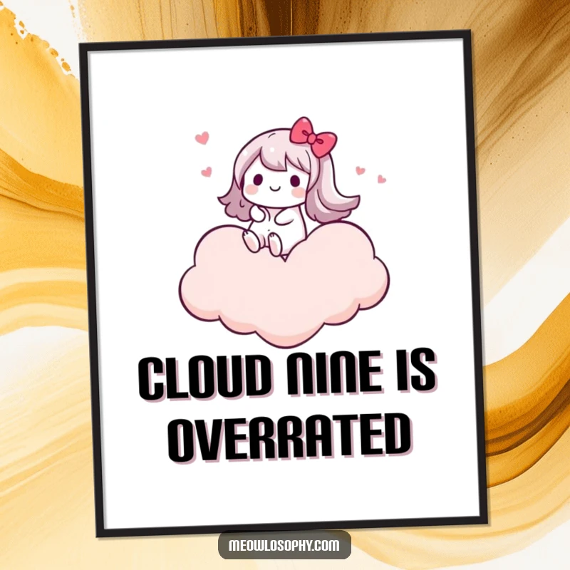 Funny Free Printable Wall Art: a cute kawaii character joyfully riding a large, fluffy cloud shaped like a heart, in the sky.