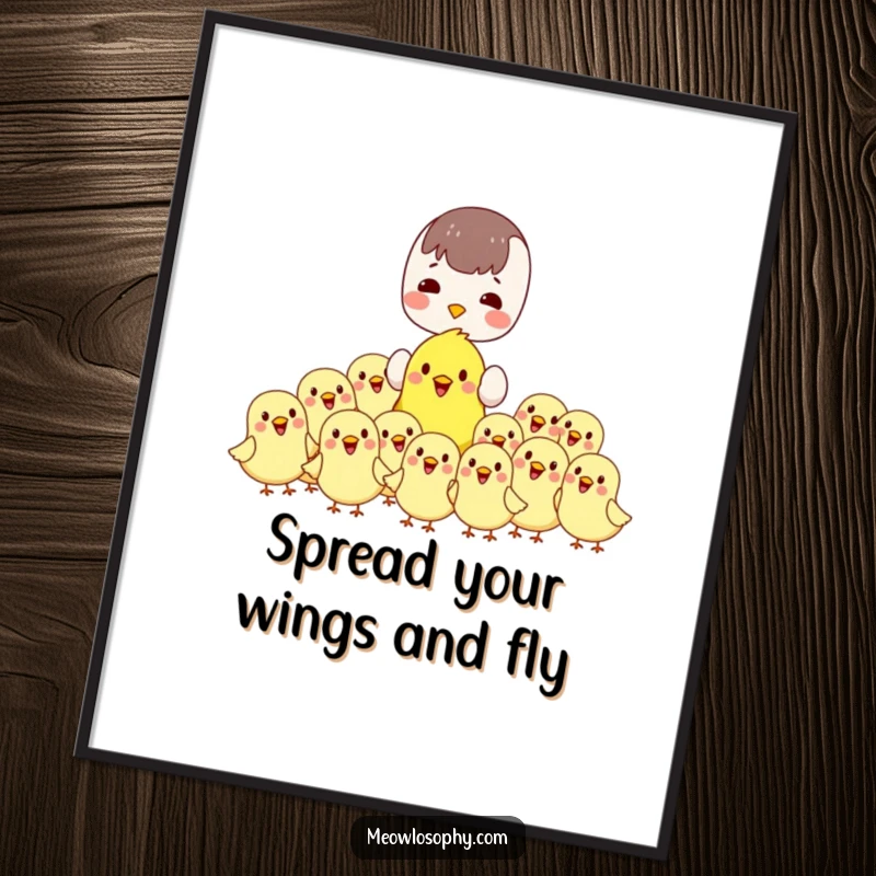 Cute Free Printable Wall Art: Kawaii character feeding a flock of cheerful, plump birds, perfect for downloadable charming decor.