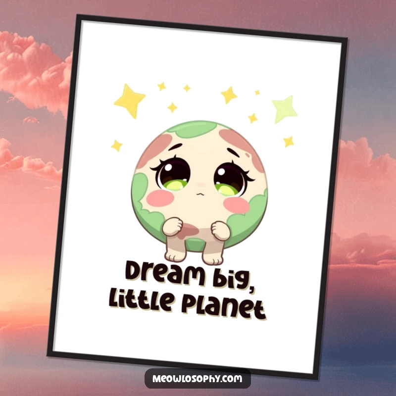 Funny Free Printable Wall Art: A kawaii earth character with sparkling eyes looks up in awe at shooting stars. Celestial and amusing.