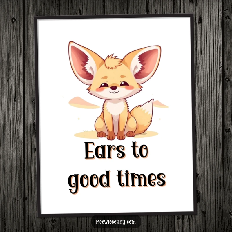 Funny Free Printable Fennec Fox Wall Art: Cute fox with ears spread wide, enjoying a cool desert breeze. Serene downloadable decor.