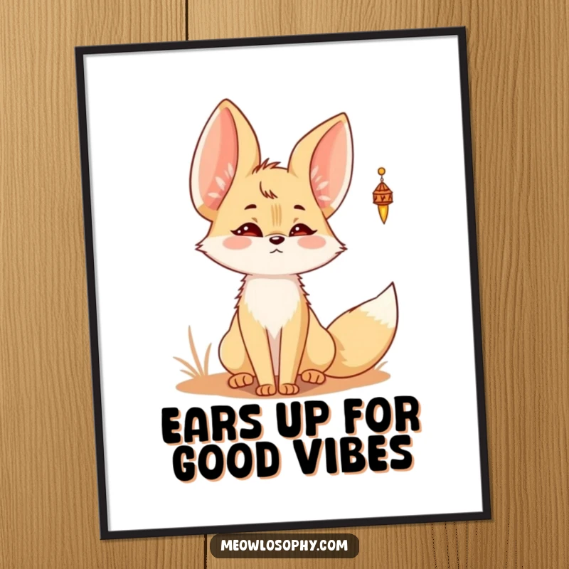 Funny Free Printable Kawaii Fennec Fox Wall Art: A sweet fox with twitching ears listens to the gentle sound of a desert wind chime.