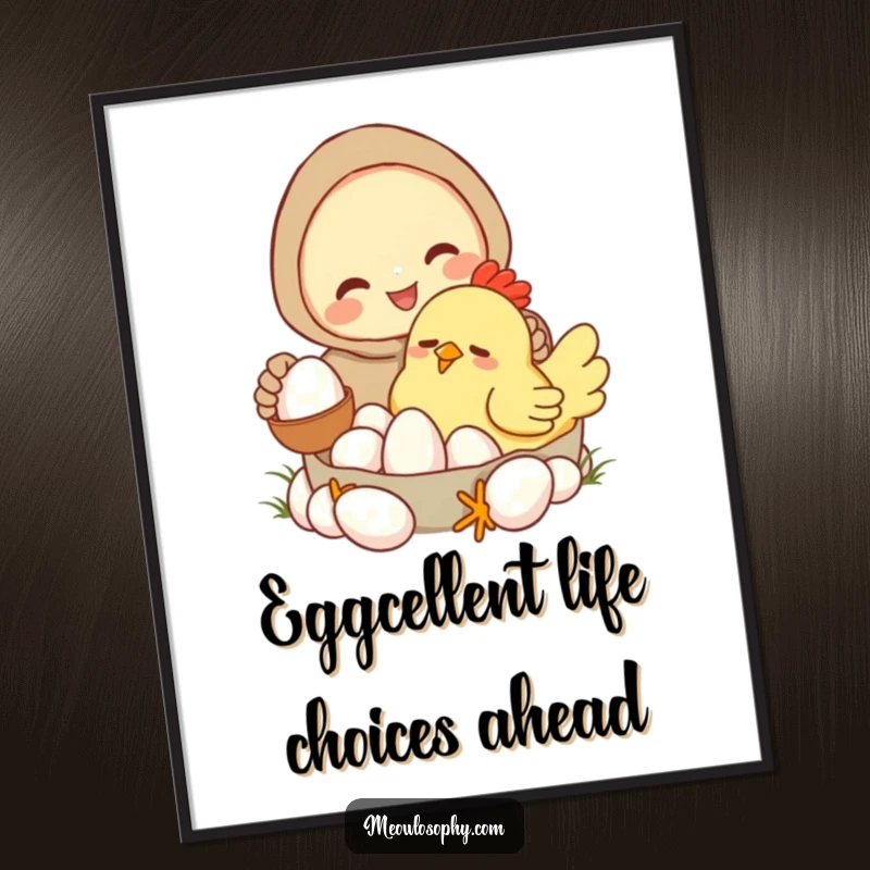 Funny Free Printable Wall Art: Character collecting eggs from a sleepy, cartoonish chicken, bringing downloadable humor to your decor.