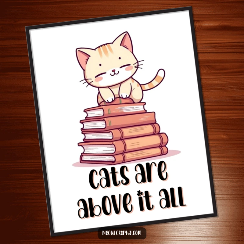 Funny Free Printable Book Cat Wall Art: An adorable cat attempts to balance atop a precarious stack of ancient books.
