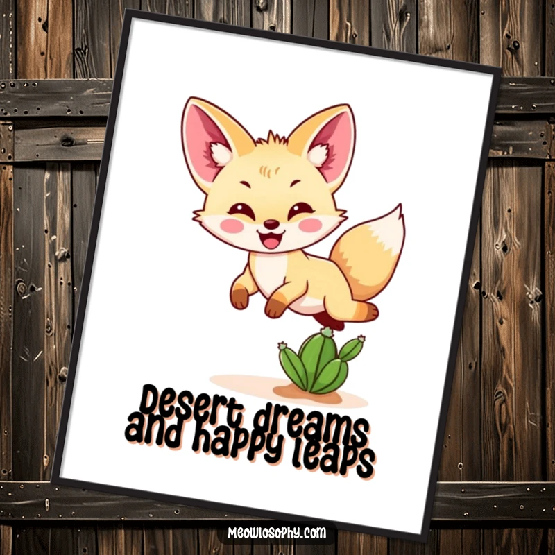 Funny Free Printable Fennec Fox Wall Art: A joyful fox happily bounces over a small cactus in a desert scene.