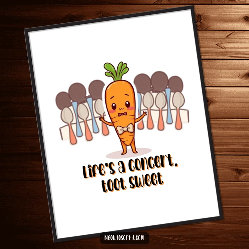 Funny Free Printable Wall Art: A shy carrot in a bowtie energetically conducts an orchestra made entirely of spoons.