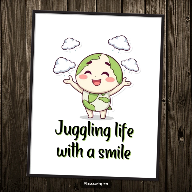 Funny Free Printable Wall Art: Smiling Earth character with a playful wink, juggling tiny storm clouds.