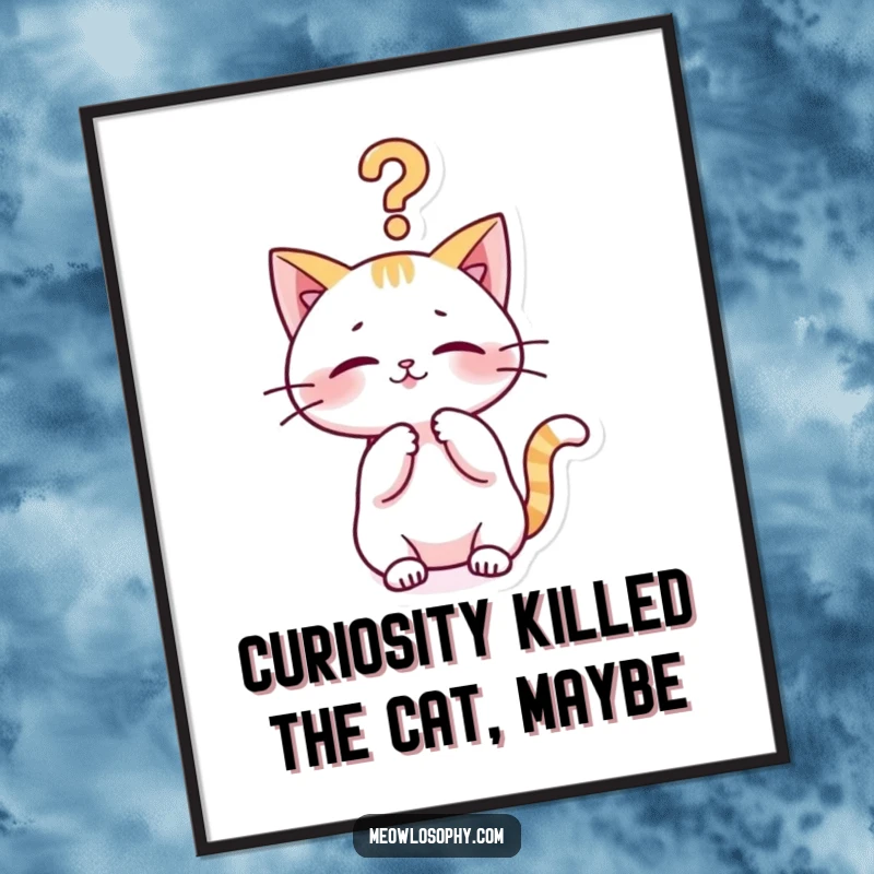 Funny Free Printable Kawaii Cat Wall Art: A cute cat playfully bats at a dangling philosophical question mark.