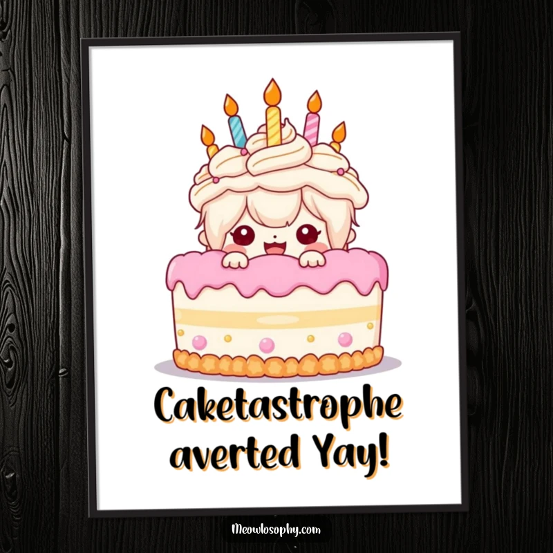 Funny Free Printable Wall Art of a character peeking gleefully from behind a giant birthday cake, downloadable.