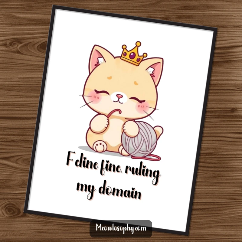 Funny Free Printable Royal Cat Wall Art: A crowned cat sits regally, lost in thought gazing at a yarn ball.
