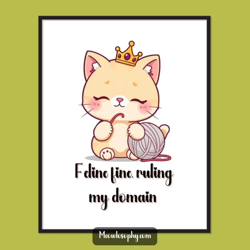 Free Printable Royal Cat Wall Art: Funny Crowned Kitty Pondering Yarn Downloadable Decor