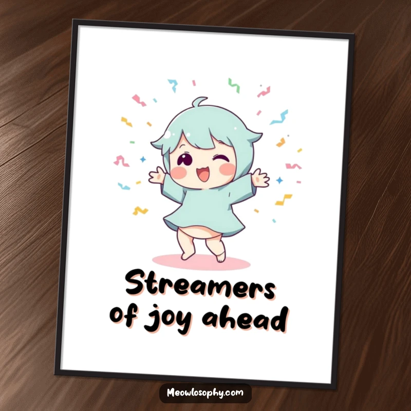 Funny Free Printable Wall Art of a character doing a silly dance move surrounded by flying streamers, downloadable.