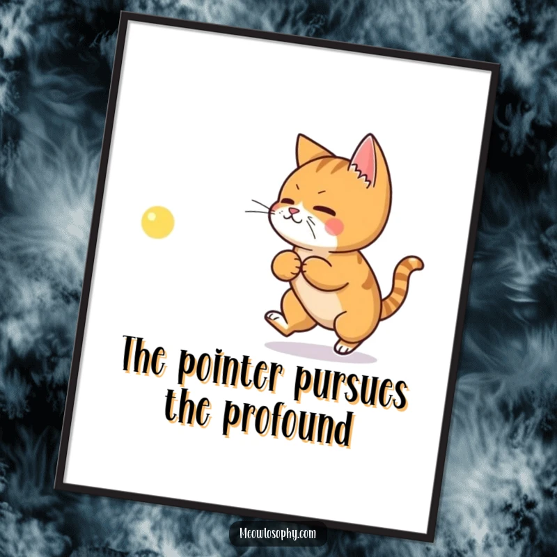 Funny Free Printable Wall Art: Ginger cat humorously chases a laser dot shaped like a philosophical symbol, creating a witty scene.