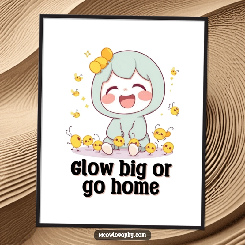 Whimsical Free Printable Wall Art: Cute character sharing a joyous laugh with a cluster of tiny, dancing, glowing fireflies.