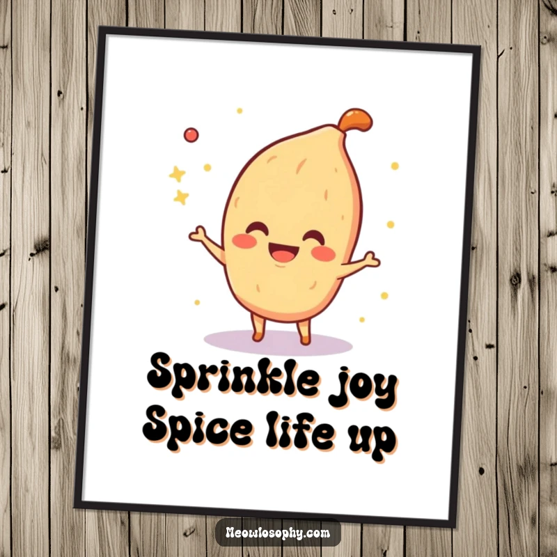 Funny Free Printable Wall Art featuring a smiling fajita spice character sprinkling shimmering sparkles in the air, adding a festive touch.