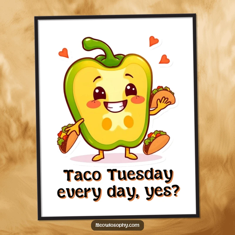 Funny Free Printable Wall Art of a grinning bell pepper slice skillfully juggling several small tacos.