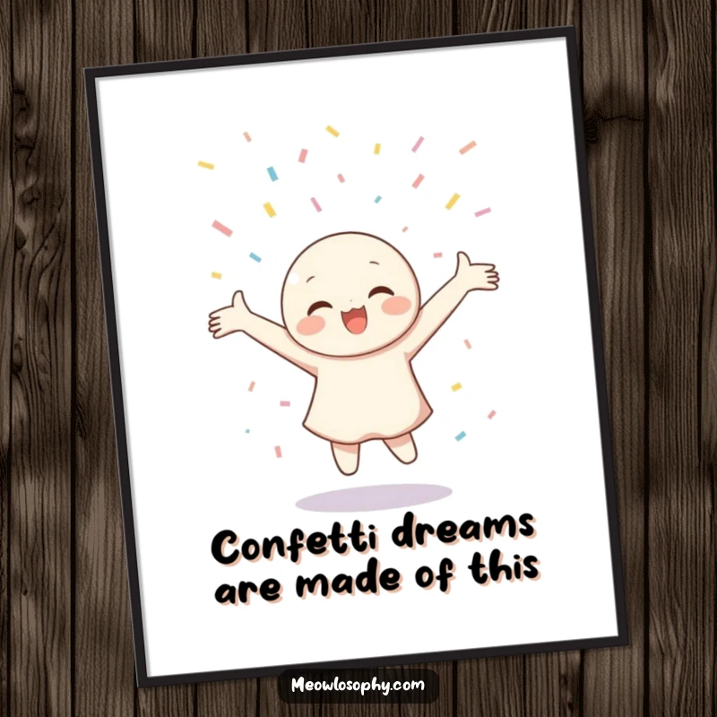 Joyful Free Printable Wall Art: Whimsical character twirling with arms outstretched under a gentle, festive confetti shower.