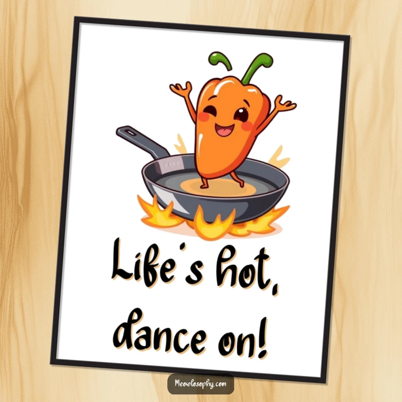 Funny Free Printable Wall Art: Smiling grilled pepper character playfully dancing on a sizzling skillet, perfect for downloadable kitchen decor.