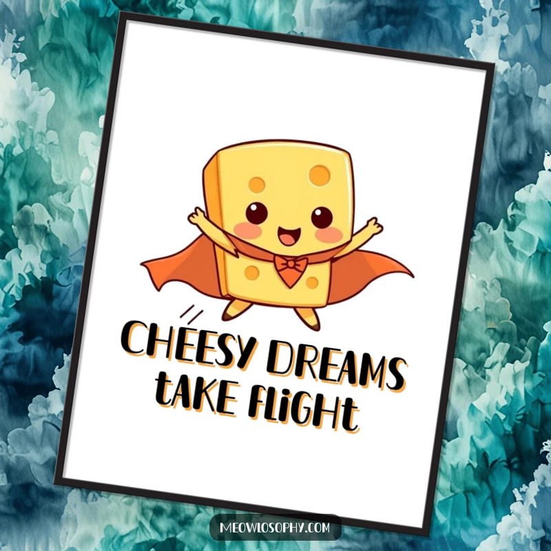 Funny Free Printable Wall Art: Cheese in a superhero cape attempting to fly, a comical and quirky piece.