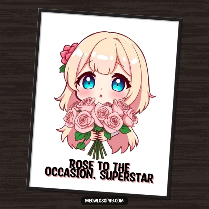 Funny Free Printable Wall Art: Character shocked expression, holding a bouquet of sparkling roses, adding humor to decor.