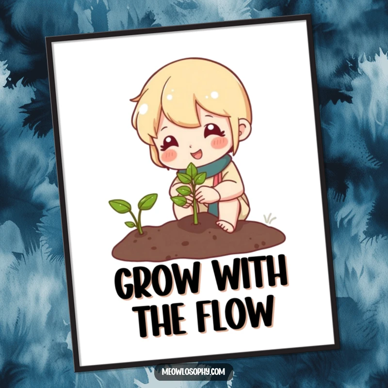Free Printable Wall Art: A cute character lovingly tending a miniature garden and smiling at a new sprout.