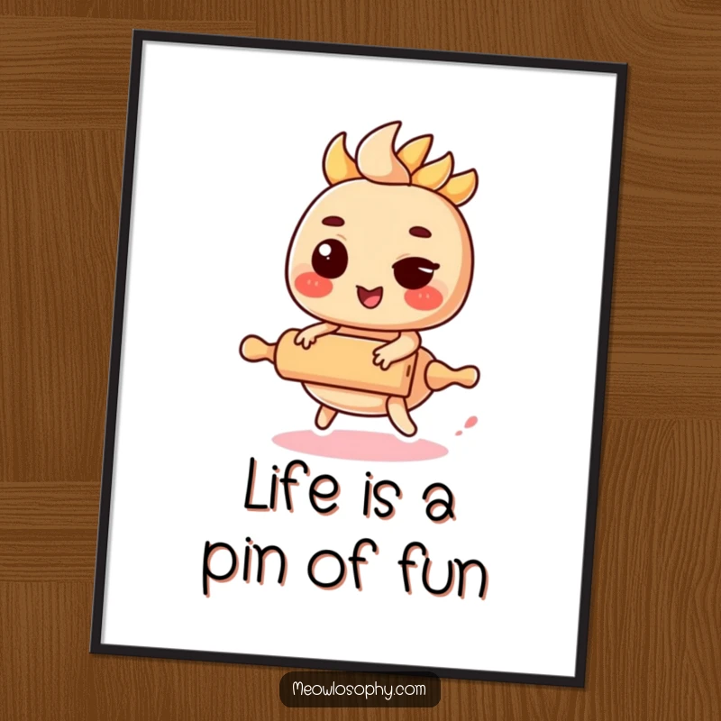 Funny Free Printable Wall Art of a cute fajita filling character winking while riding a miniature rolling pin.