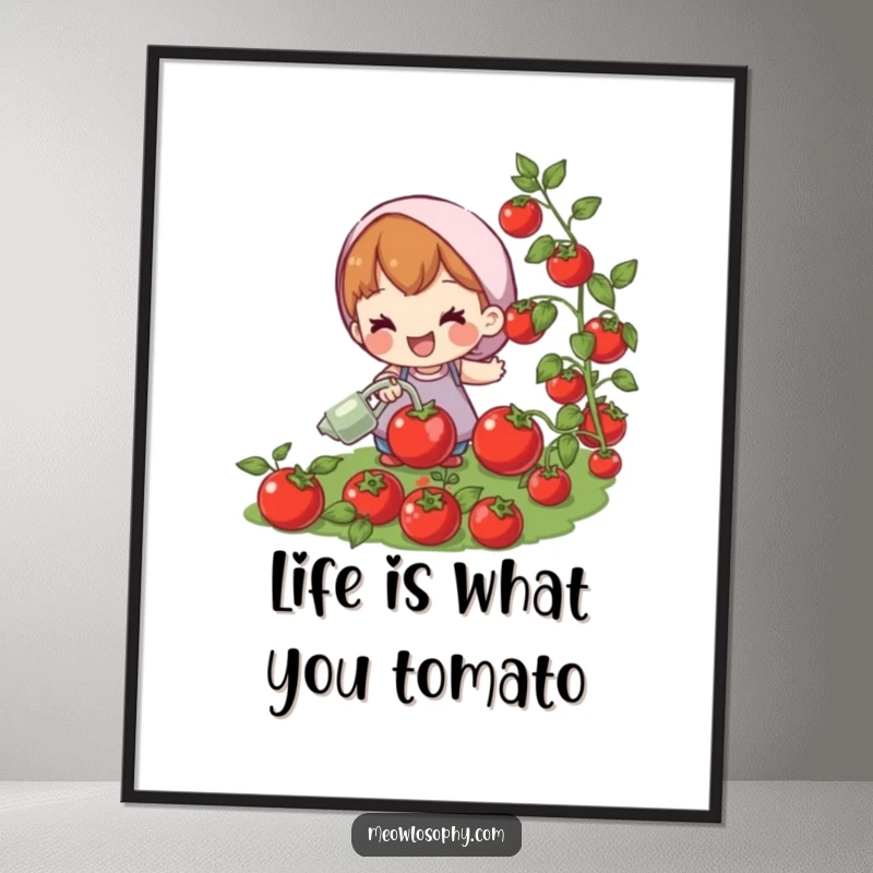 Funny Free Printable Wall Art: Joyful character watering a patch of plump, red tomatoes, perfect for downloadable garden humor.