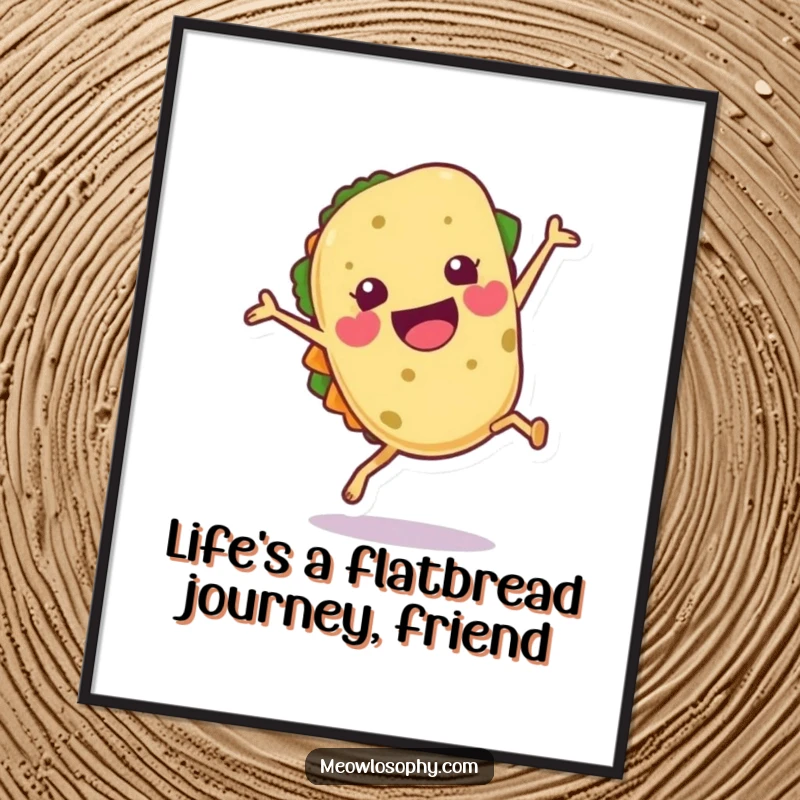 Funny Free Printable Wall Art of a tortilla character doing an athletic and joyful cartwheel.
