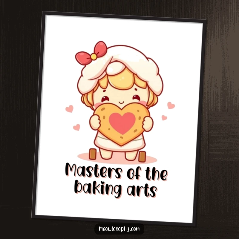 Funny Free Printable Wall Art: A cute kawaii character happily bakes a small, heart-shaped loaf of bread, radiating warmth.
