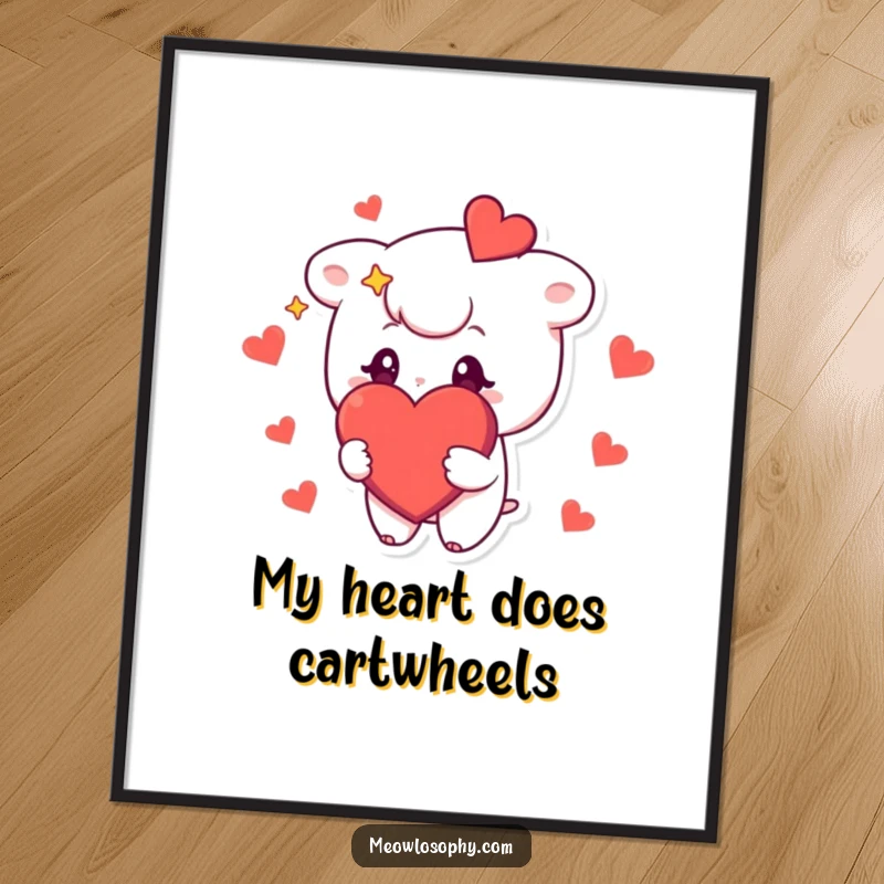 Funny Free Printable Wall Art: a cute character with stars in its eyes, affectionately holding a large, vibrant red heart.