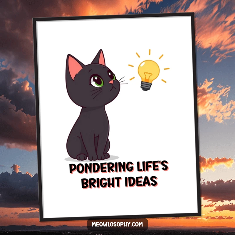 Funny Free Printable Wall Art: Black cat gazing up at a floating lightbulb, symbolizing wonder and a great downloadable gift.